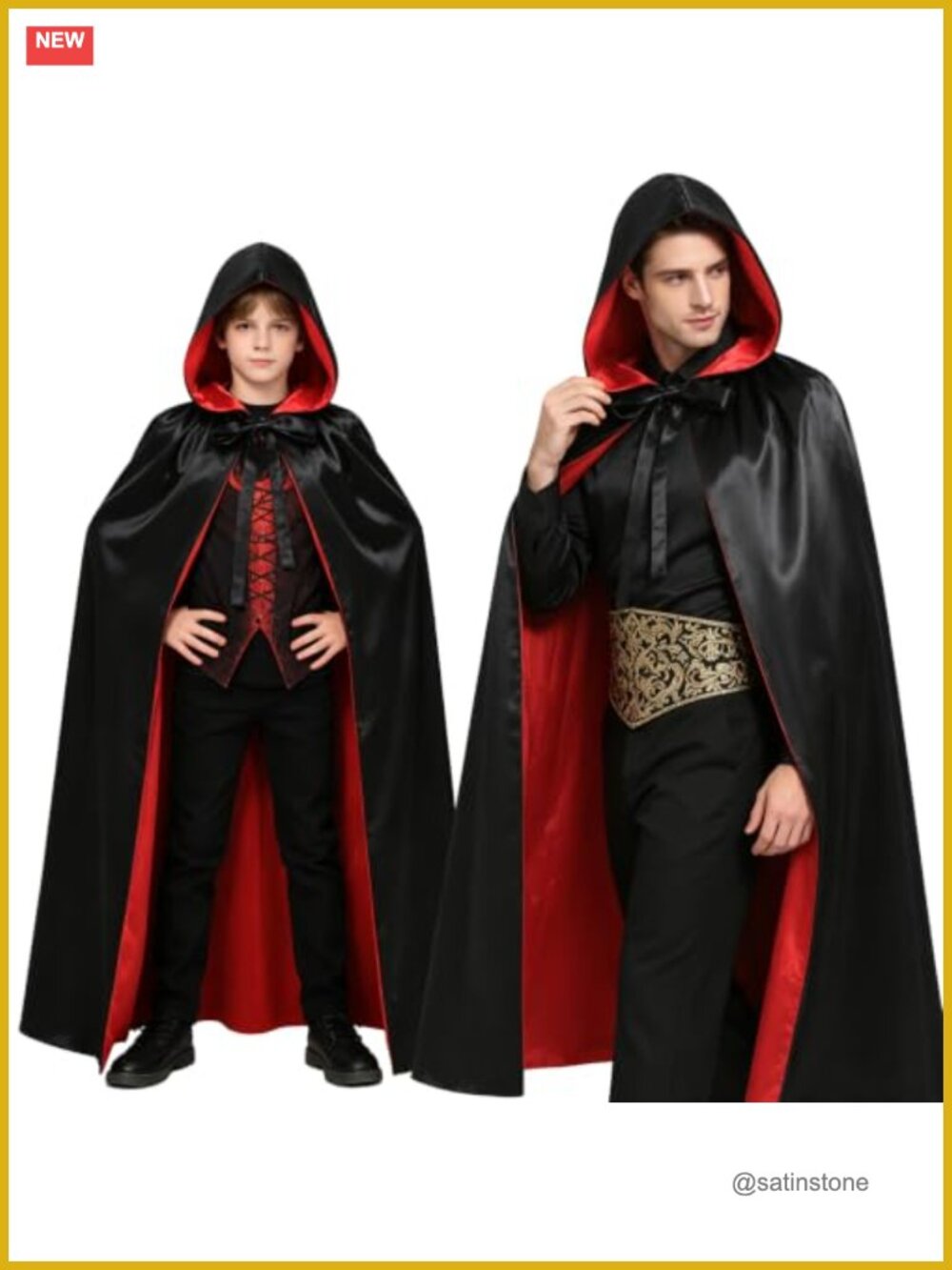 Reversible Hooded Vampire Cape Satin Cloak Cosplay Halloween Costume